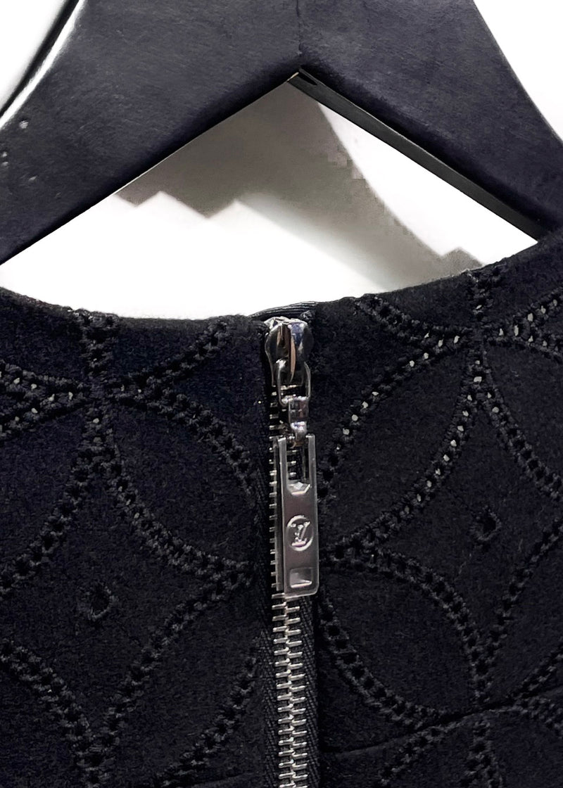 Louis Vuitton Black Wool A-Line Petal Embroidered Dress