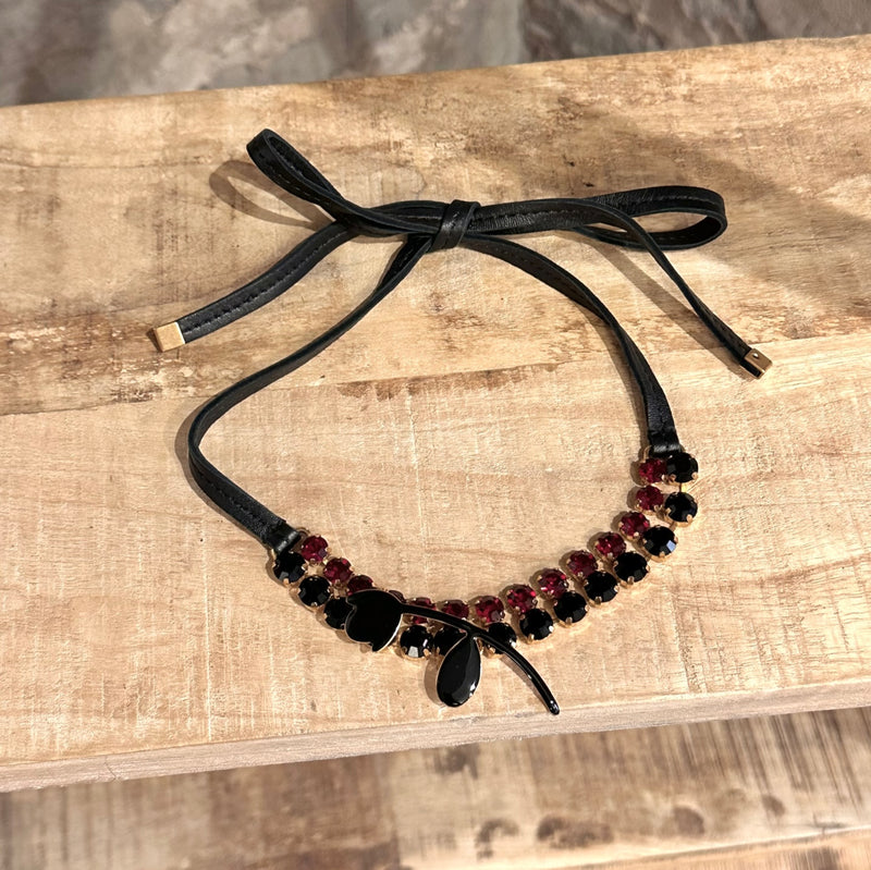 Marni Black Red Crystals Embellished Wrap Choker Necklace