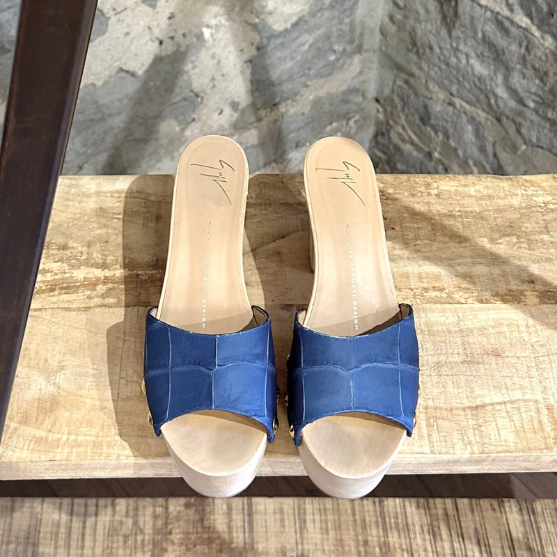 Giuseppe Zanotti Blue Croc Pattern Leather Clog Heeled Sandals