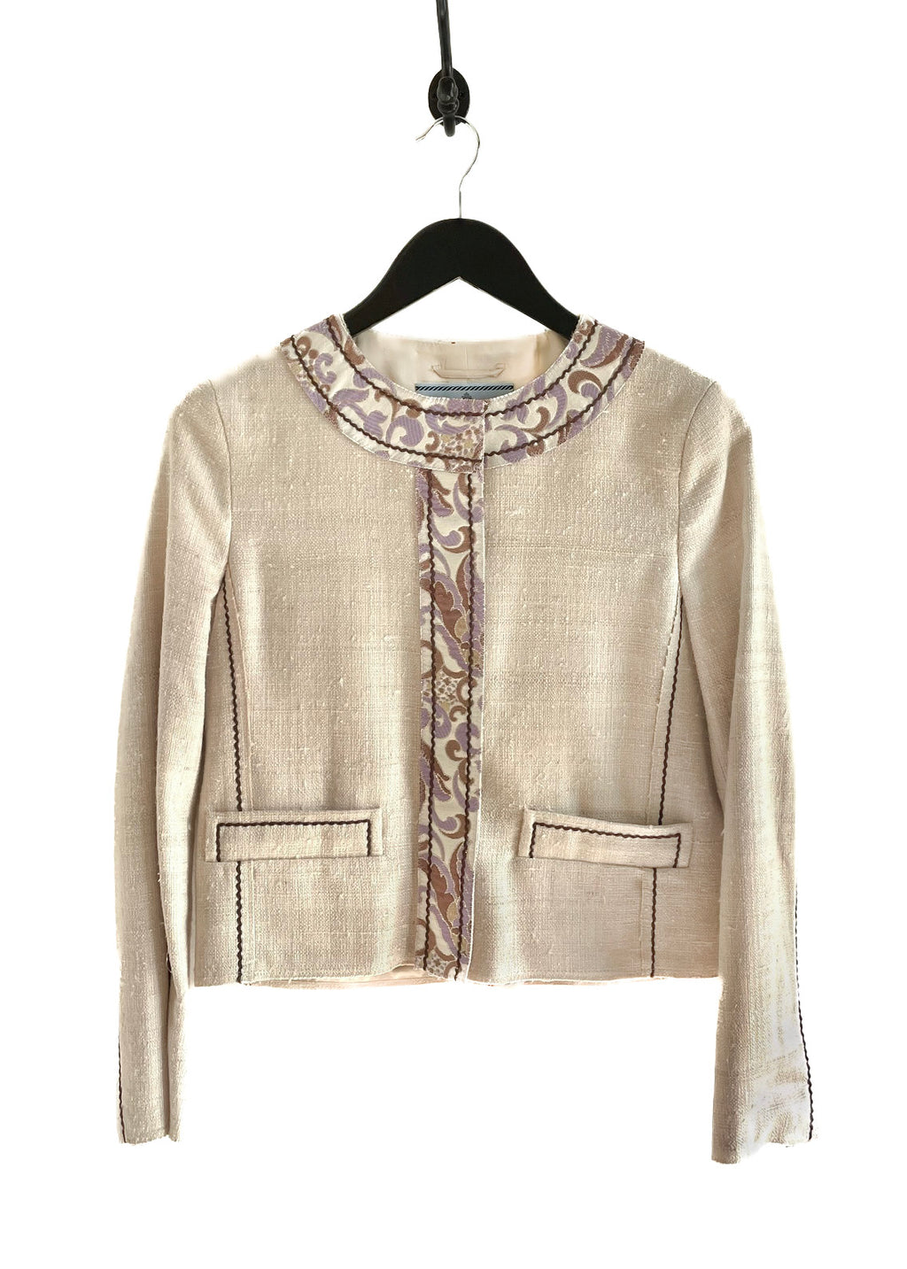Prada Ivory Shantung Silk Jacquard Accent Evening Jacket