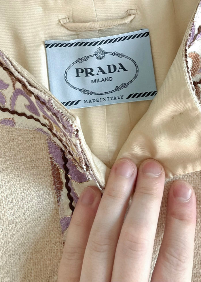Prada Ivory Shantung Silk Jacquard Accent Evening Jacket