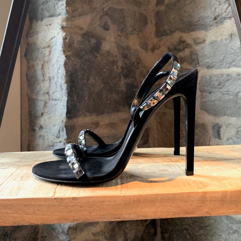 Gucci Black Suede Mallory Crystal Heeled Sandals