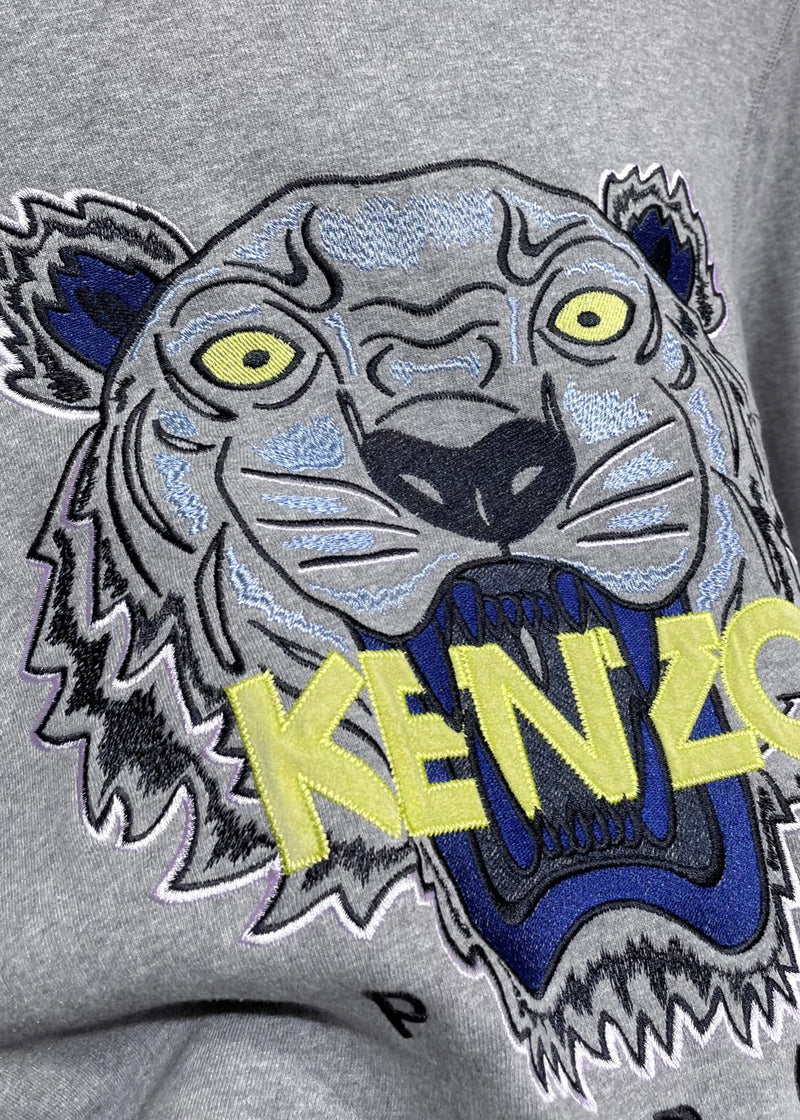 Chandail sweat gris brodé d'un tigre bleu Kenzo