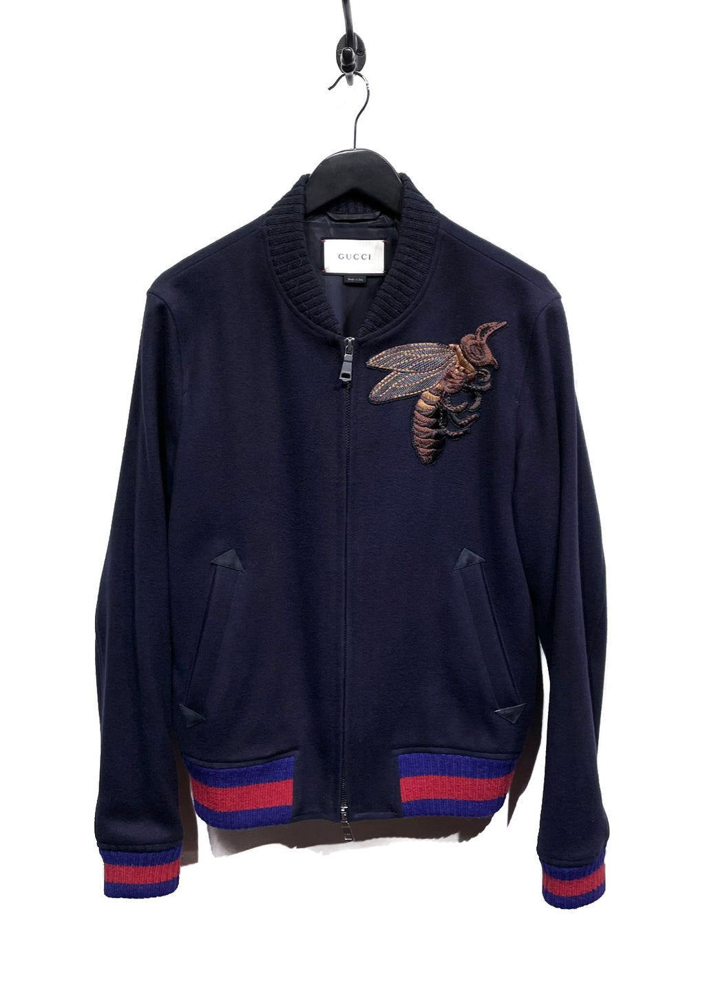 Gucci Navy Blue Bee Embroidered Wool Bomber Jacket