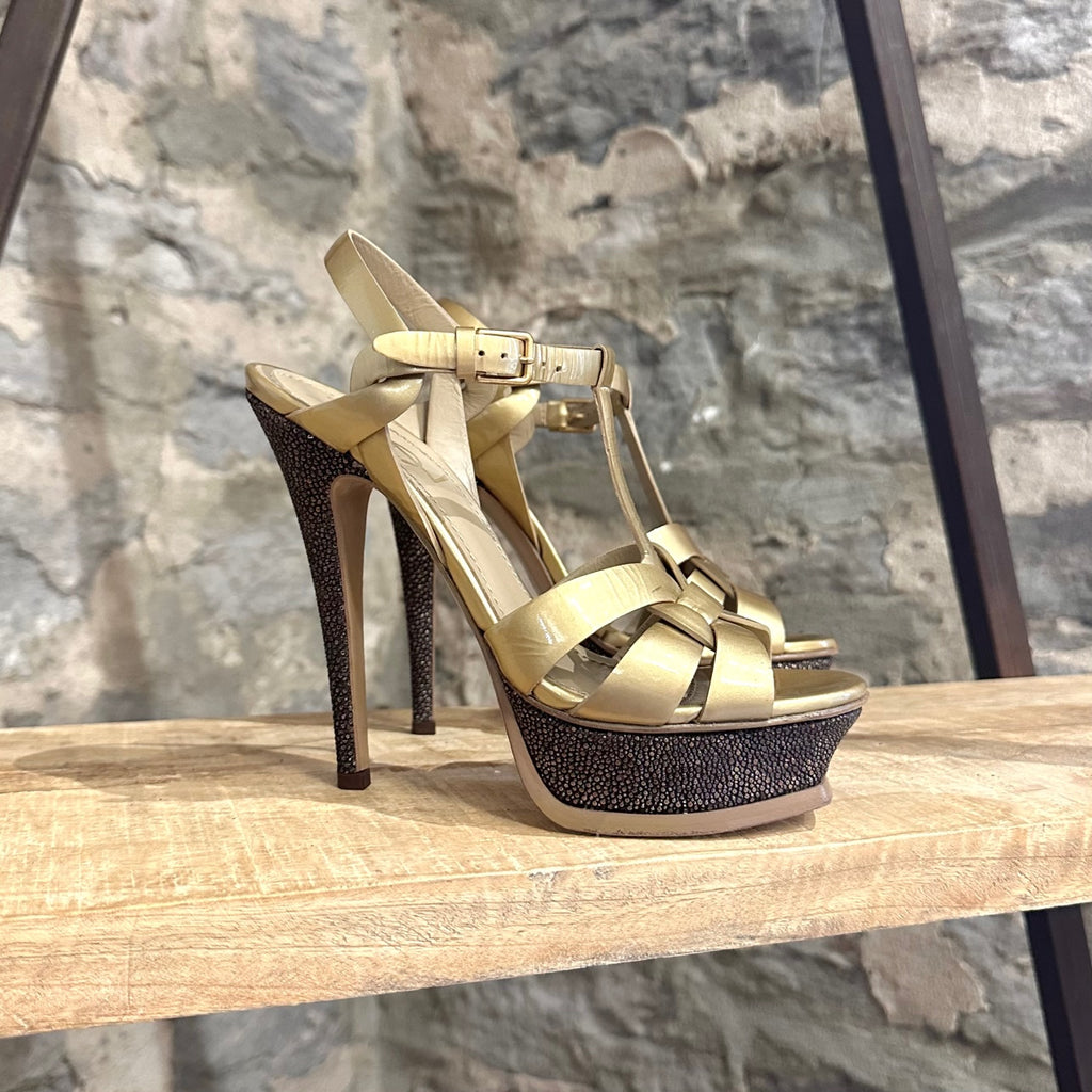 Yves Saint-Laurent Gold Leather Tribute Platform Heeled Sandals