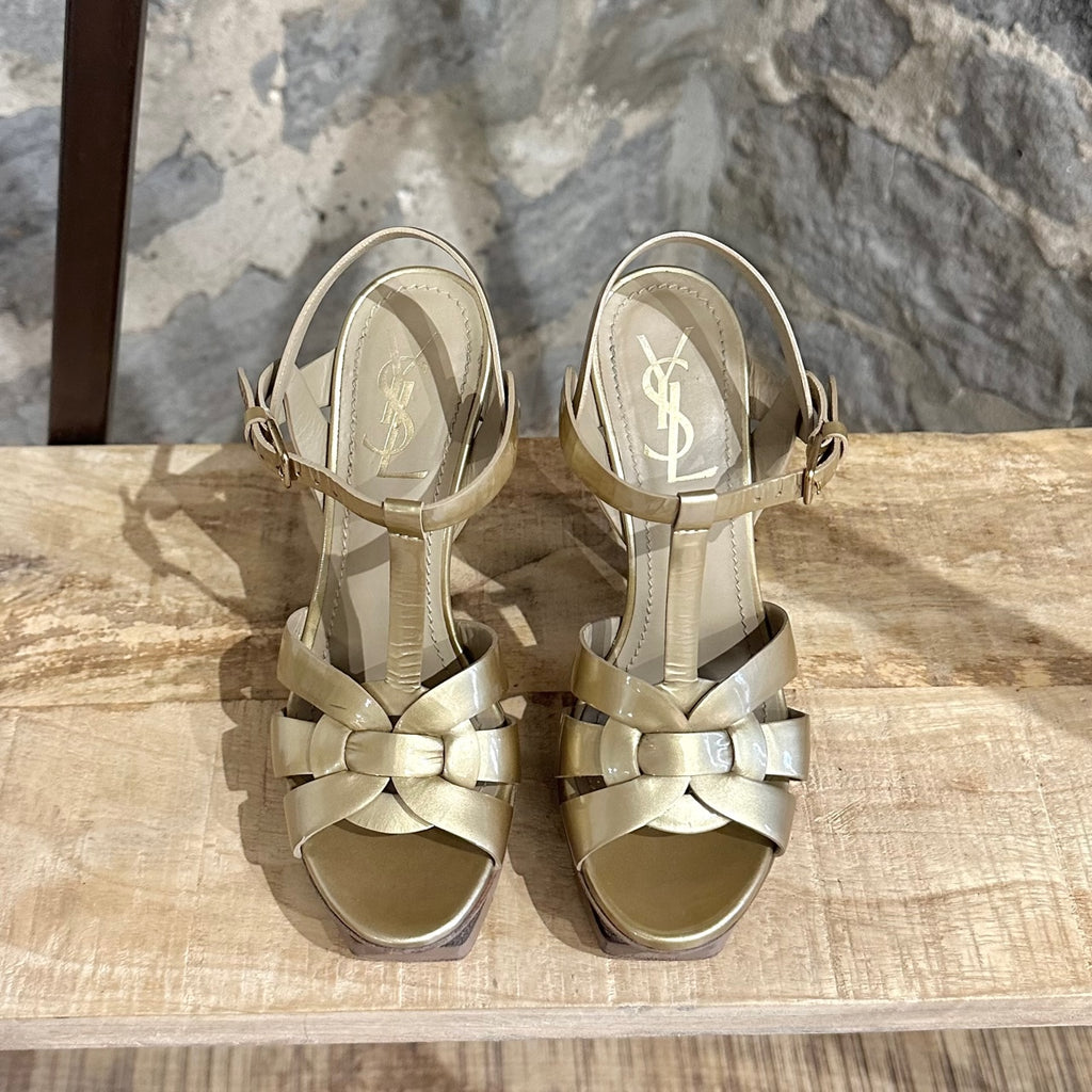 Yves Saint-Laurent Gold Leather Tribute Platform Heeled Sandals