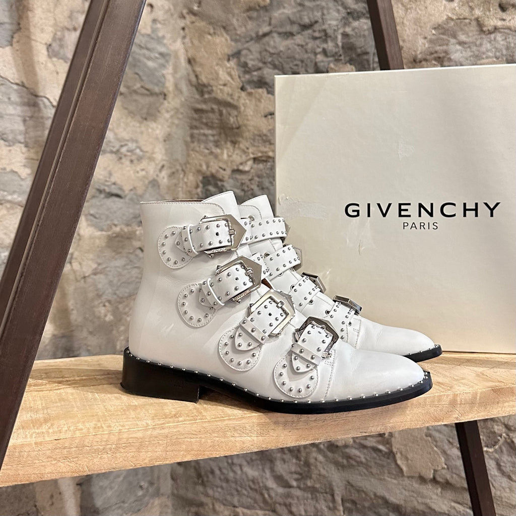 Givenchy White Leather Studded Buckle Western Boots