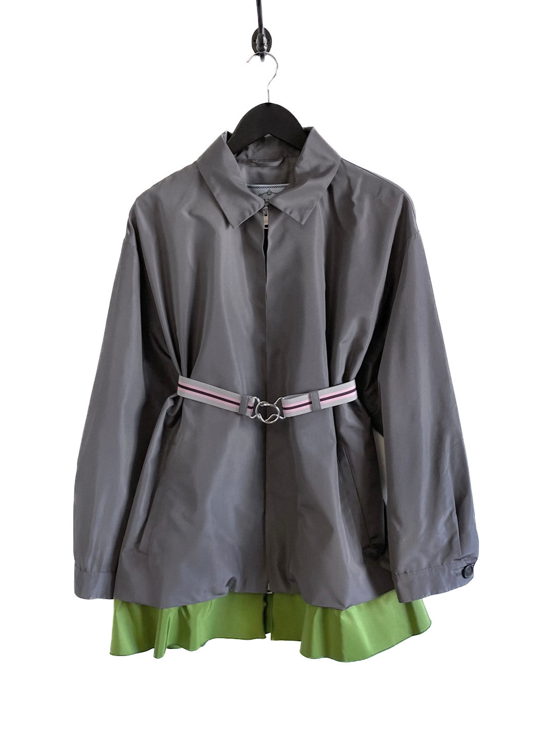 Prada 2016 Grey Silk Green Accent Belted Jacket – Boutique LUC.S
