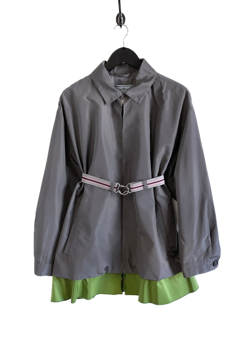 Prada 2016 Grey Silk Green Accent Belted Jacket