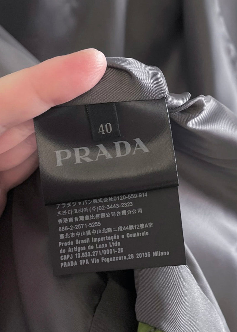 Prada 2016 Grey Silk Green Accent Belted Jacket