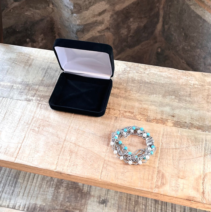 Bracelet David Yurman avec multi chaines argent, or 18k, pierres turquoises et perles