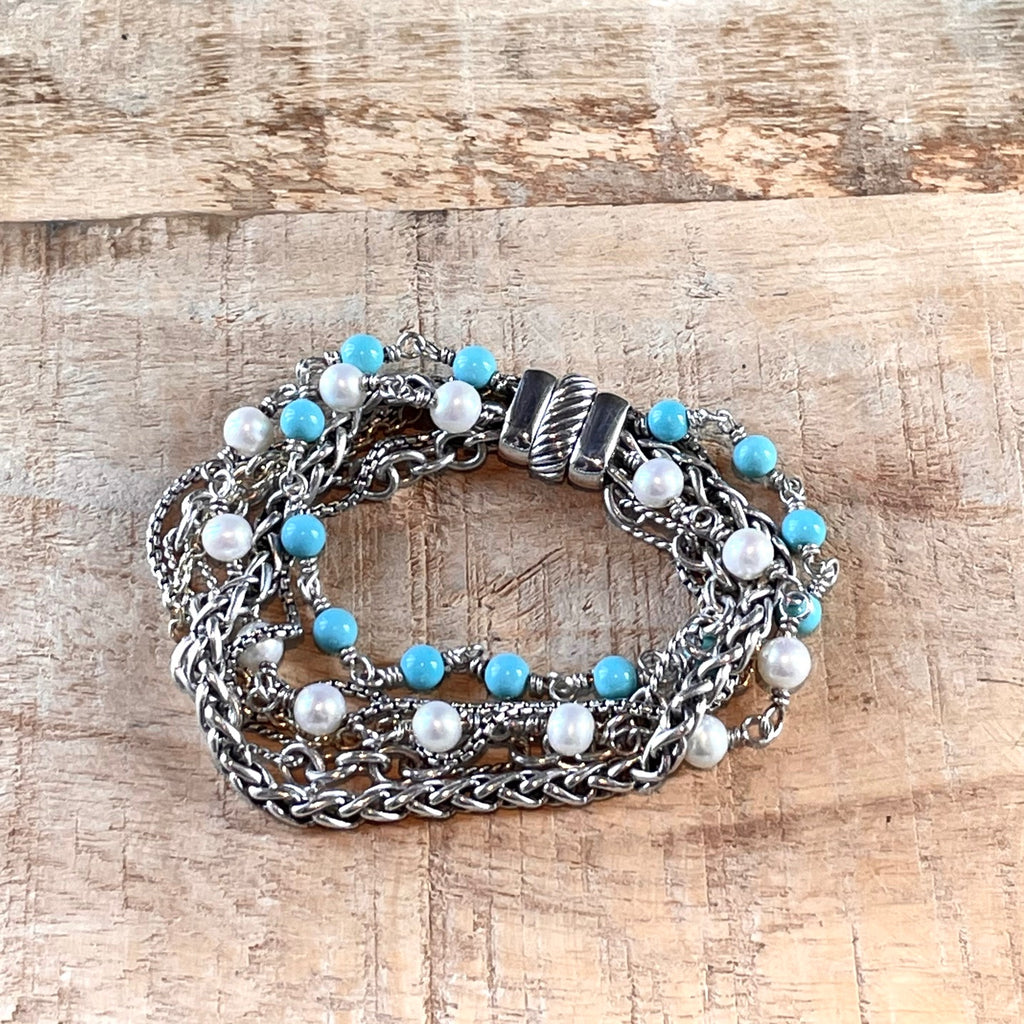 Bracelet David Yurman avec multi chaines argent, or 18k, pierres turquoises et perles