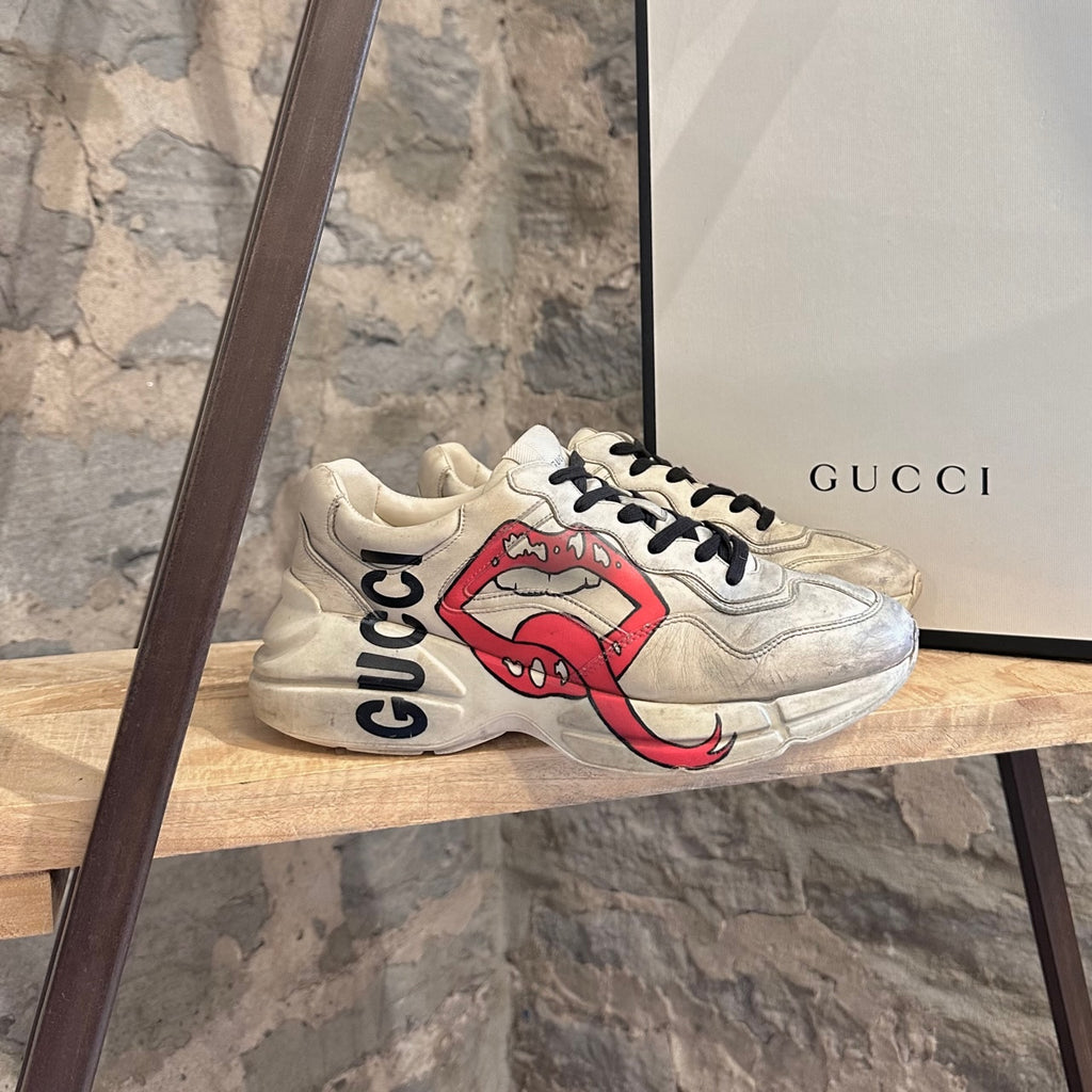 Gucci Ivory Mouth Print Distressed Rhyton Chunky Sneakers