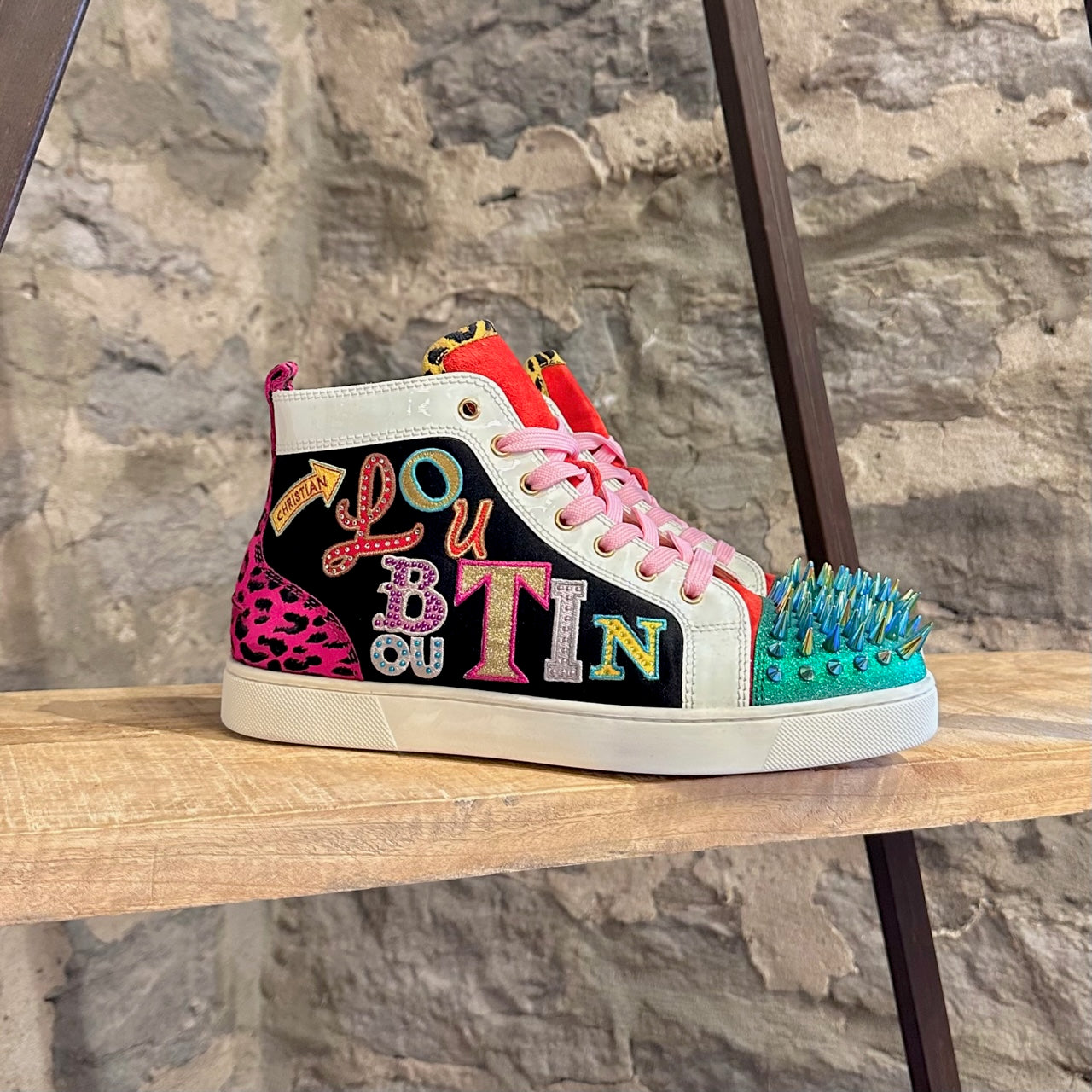 Christian Louboutin Multicolor Leather Lou Spike High Top Sneakers Size 42  Christian Louboutin