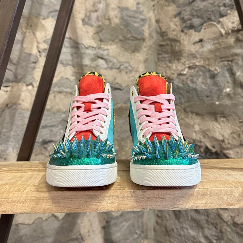 Christian Louboutin Rare White Leather Lou Spikes Leopard Multicolor Sneakers