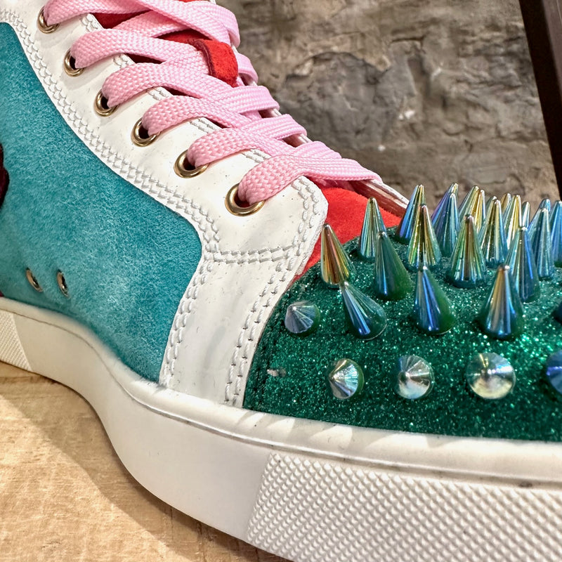 Christian Louboutin Rare White Leather Lou Spikes Leopard Multicolor Sneakers