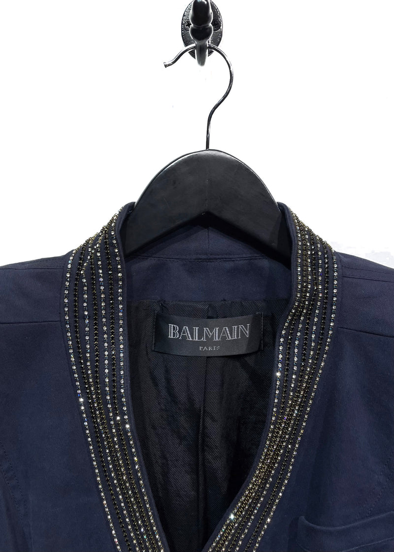 Balmain Navy Cotton Double-Breasted Jacket with Swarovski