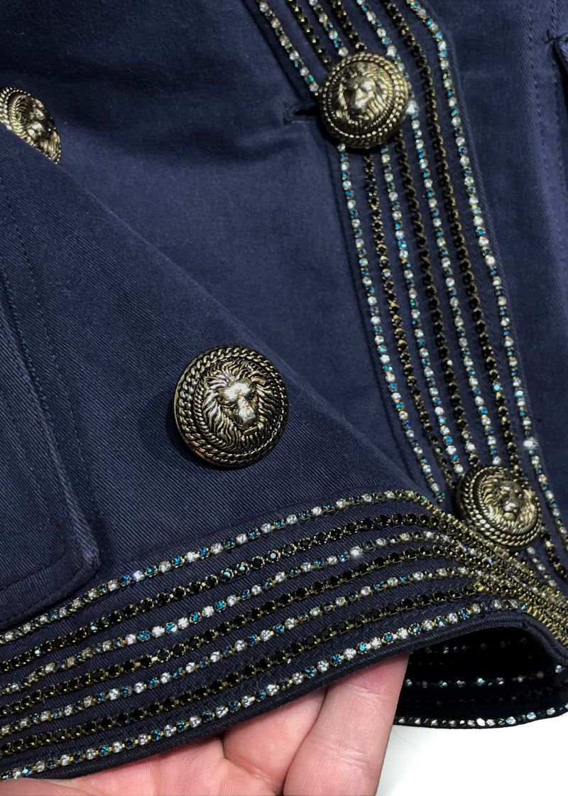 Veste double boutonnage en coton bleu marine Balmain avec Swarovski