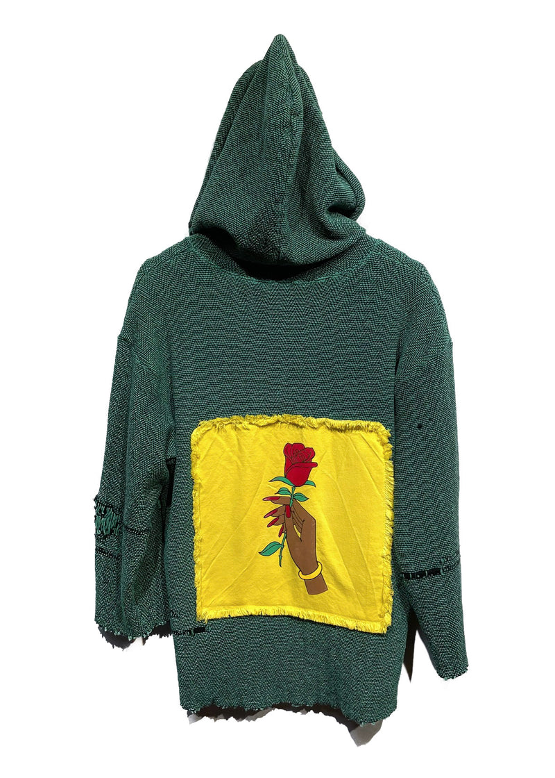 Alchemist Hold Fast 2018 Green Cotton Poncho Hoodie with Rose Print Panel at Back