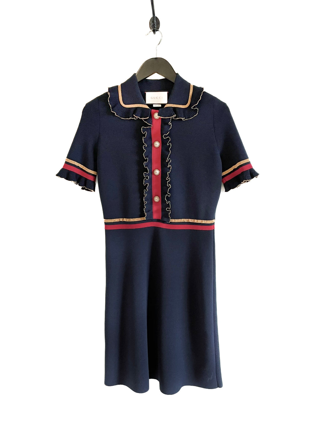 Gucci Navy Blue Knit Ruffle Accent Short Sleeves Dress