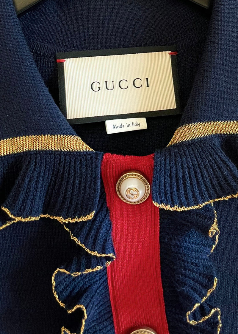 Gucci Navy Blue Knit Ruffle Accent Short Sleeves Dress