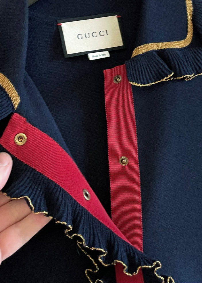 Robe à manches courtes à volants en tricot bleu marine Gucci