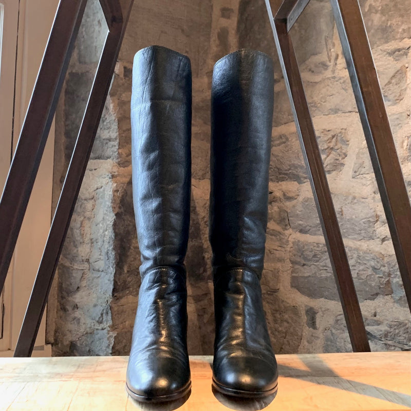 Chanel Black Leather CC Lined Heeled Boots
