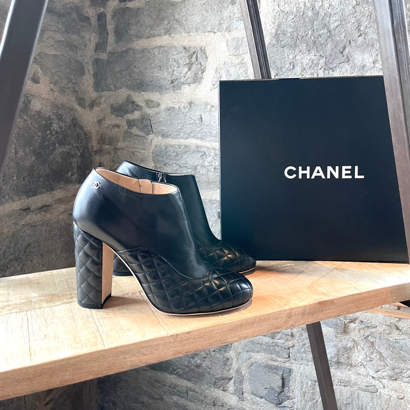 Chanel Black Lambskin Leather Quilted Booties