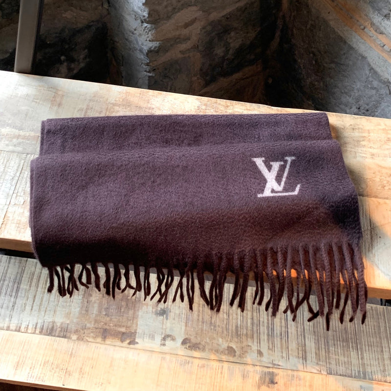 Écharpe frangée à logo en cachemire marron Louis Vuitton