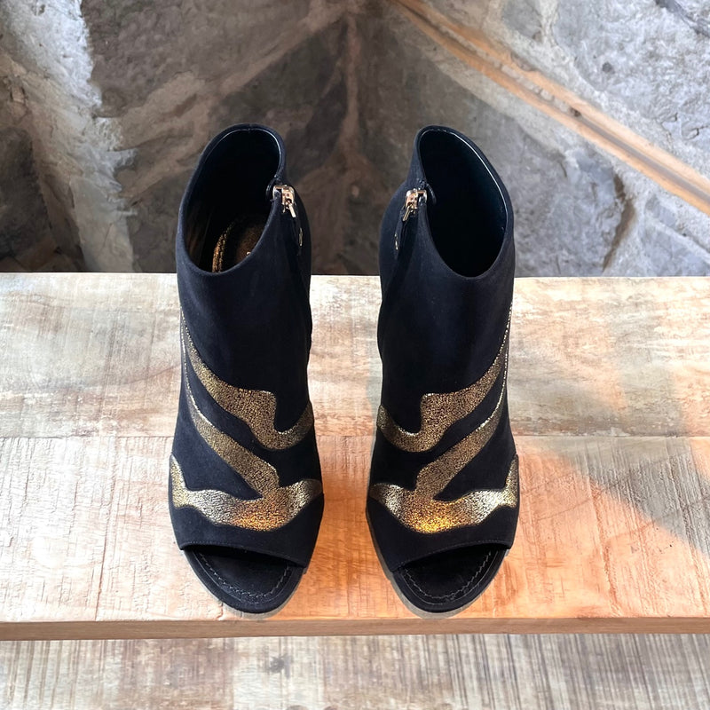 Louis Vuitton Black Suede Gold Flame Open Toe Booties