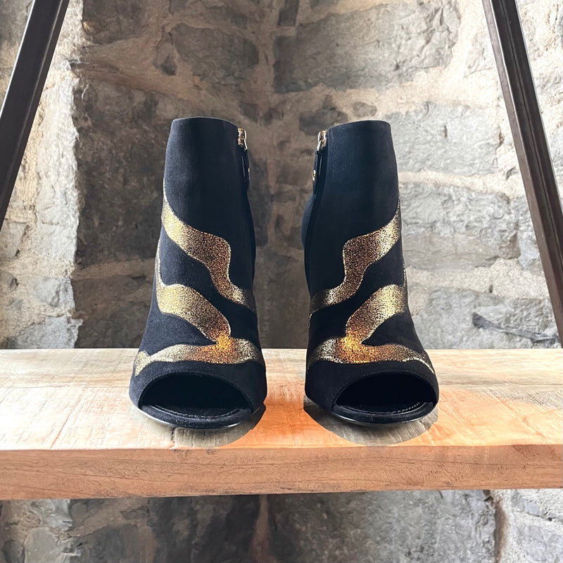 Louis Vuitton Black Suede Gold Flame Open Toe Booties
