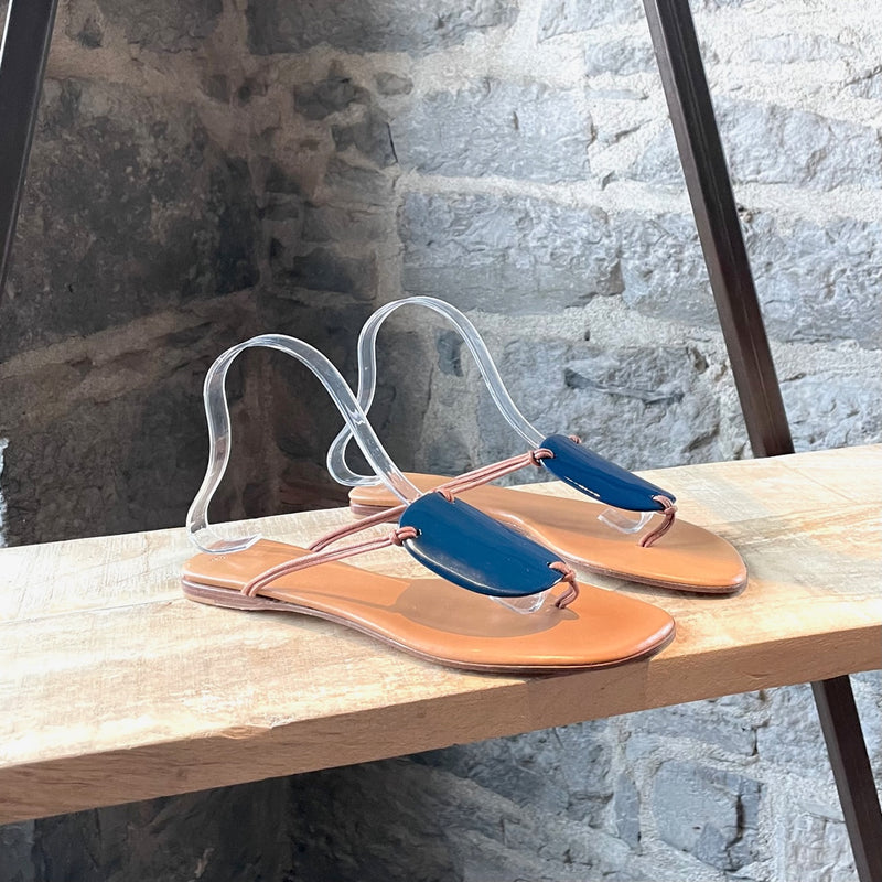 Hermès Tan Leather Thong Blue Accent Flat Sandals