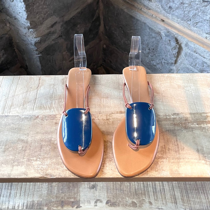 Hermès Tan Leather Thong Blue Accent Flat Sandals