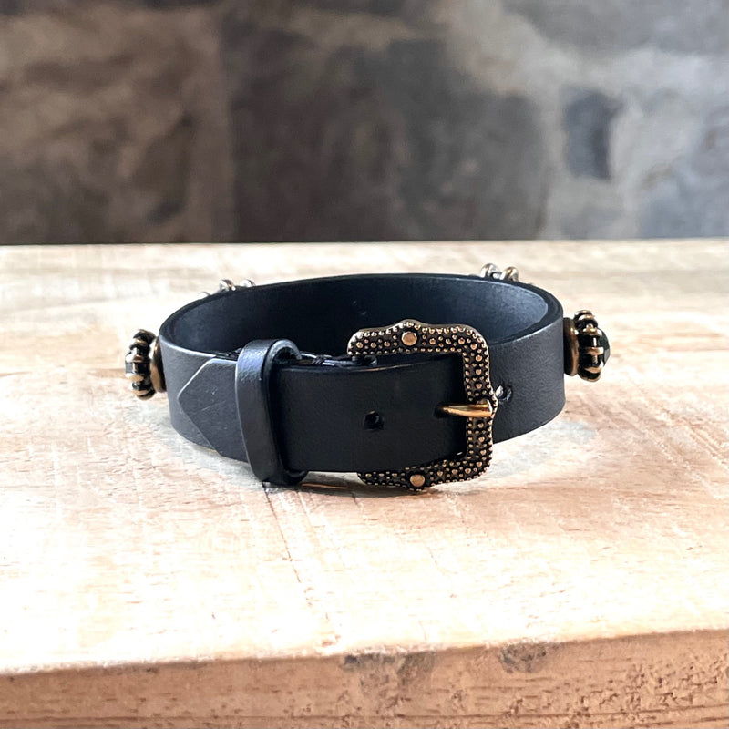 Gucci Black Leather Feline Stone Studded Bracelet