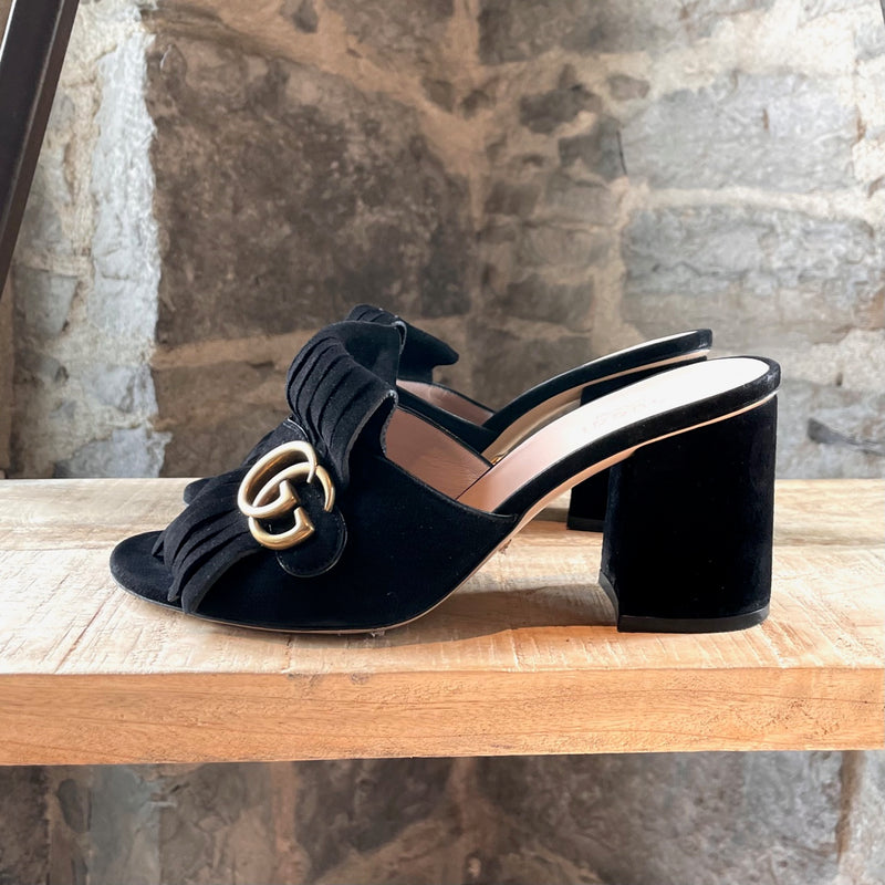 Gucci Black Suede GG Marmont Open-Toes Block Heeled Mules