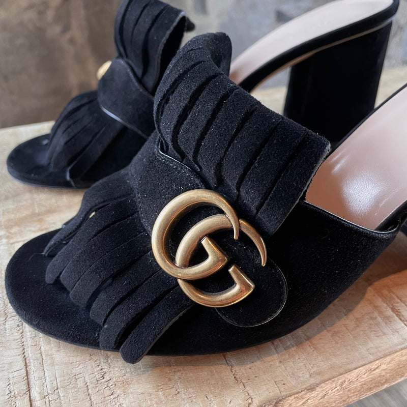Gucci Black Suede GG Marmont Open-Toes Block Heeled Mules