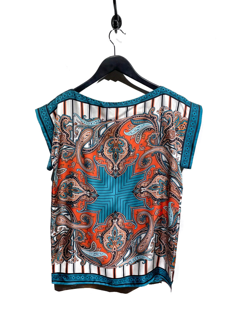 Etro Coral and Turquoise Print Silk Blouse
